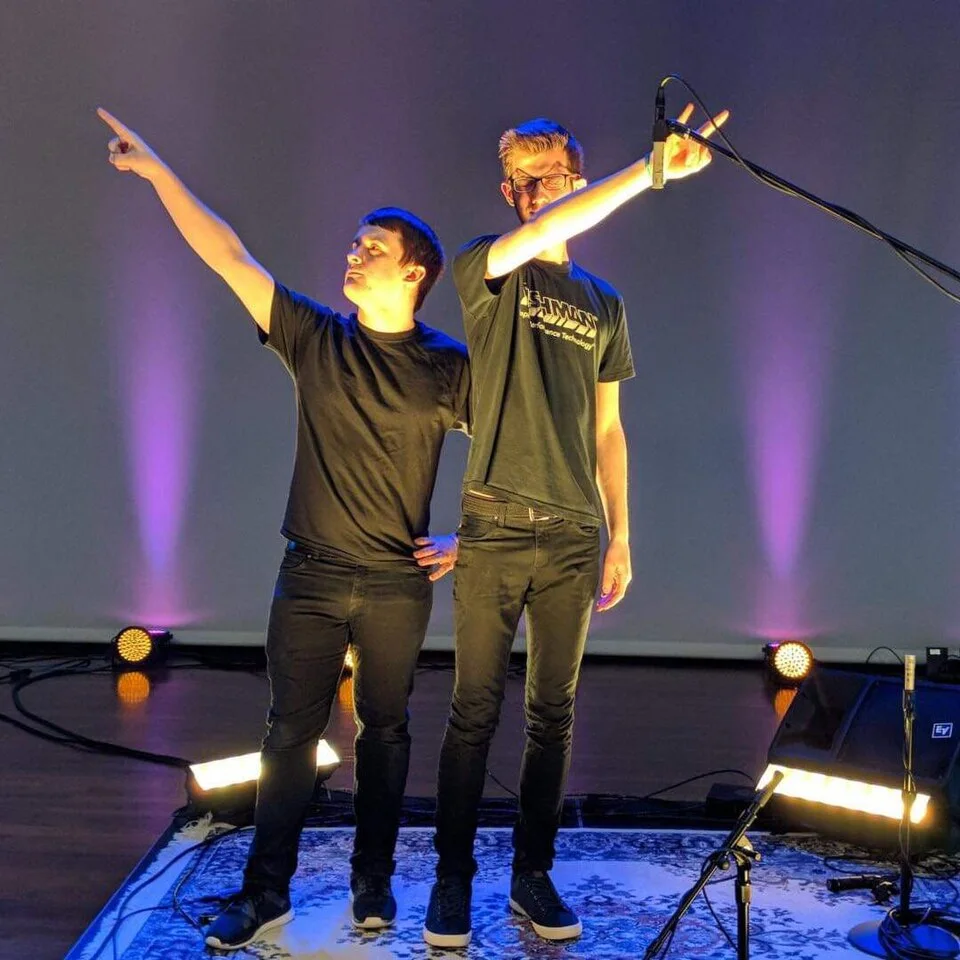 Concert stage technicians and equipment — real photograph