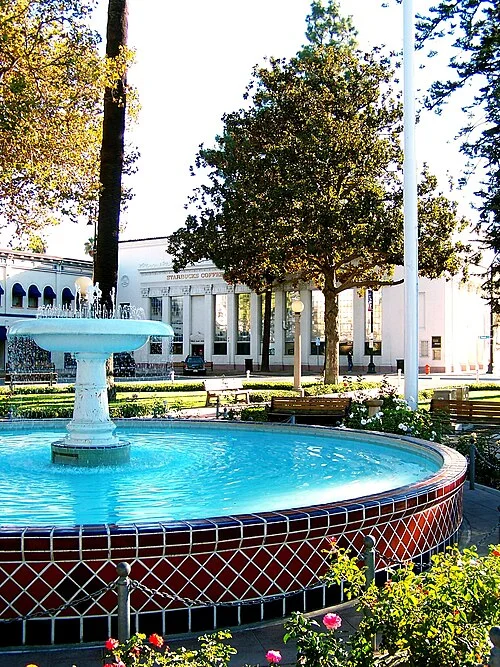 Old Towne Orange historic plaza and fountain — real photograph